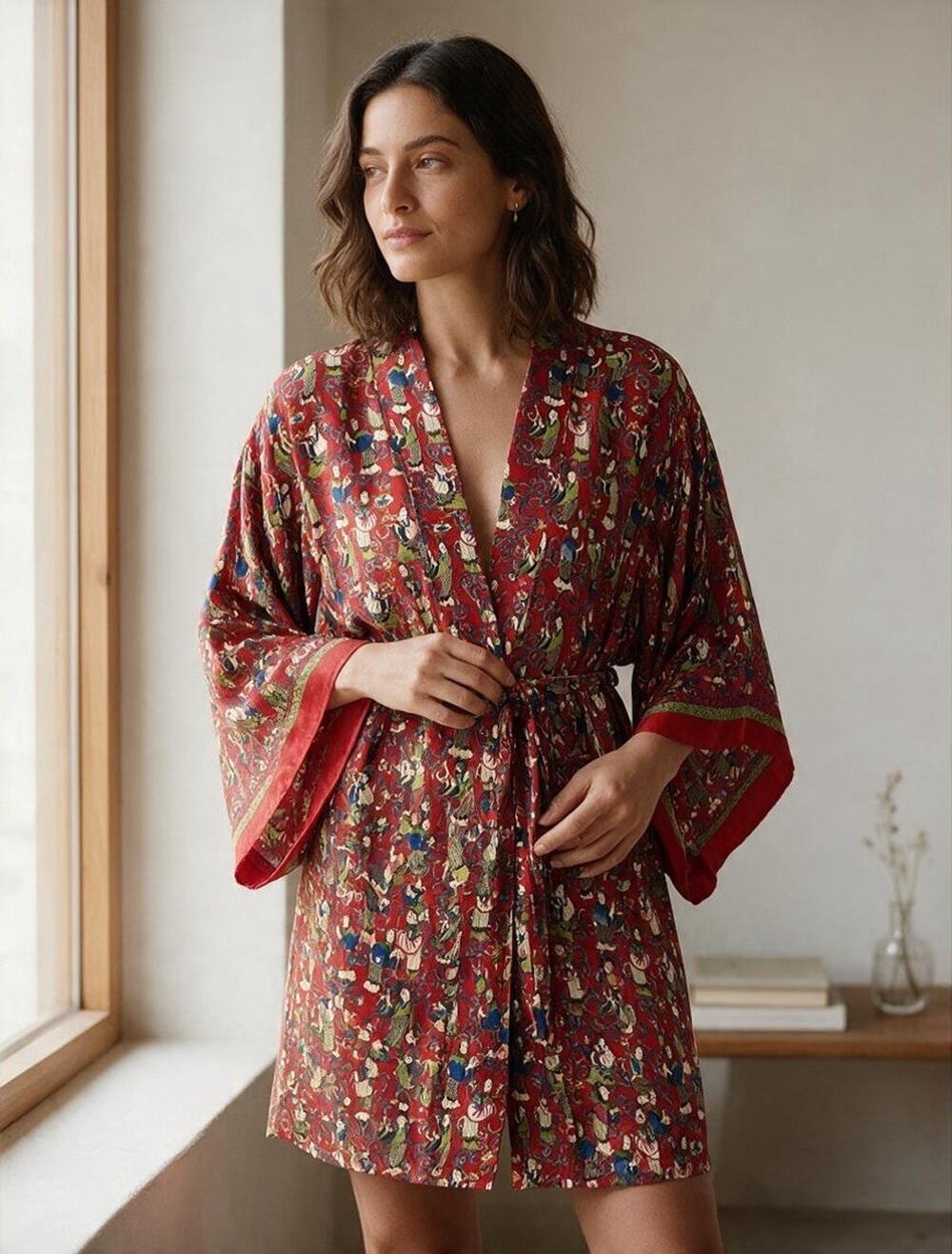 Josie by Natori Geisha Print Kimono Robe M Red Asian Novelty Chinoiserie Wrap